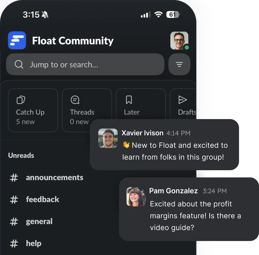 Mobile interface of the Float Community Slack workspace showing messages and unread channels.